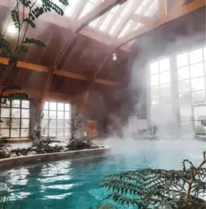 Piscina termal techada con vapor y arquitectura de madera en Hotel Termas de Puyehue